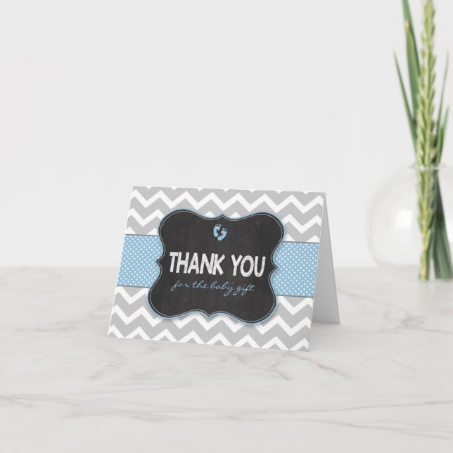 Blue Chalkboard boy baby shower thank you notes (Front)