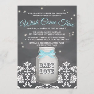 Blue Chalkboard Firefly Mason Jar Baby Shower Invitation