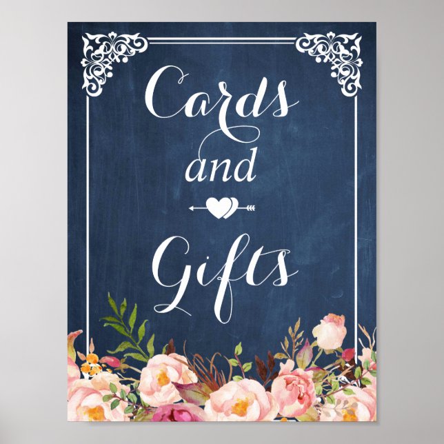 Blue Chalkboard Floral Cards and Gifts Sign (Front)