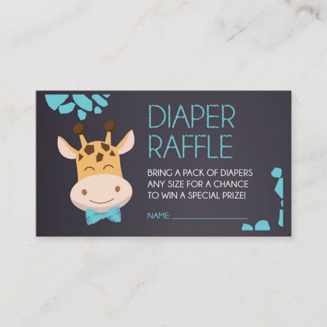 Blue Chalkboard Giraffe Diaper Raffle Ticket Enclosure Card (Front)