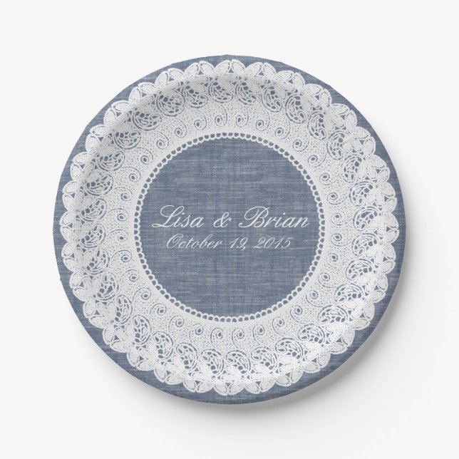 Blue chambray denim & lace custom paper plate (Front)