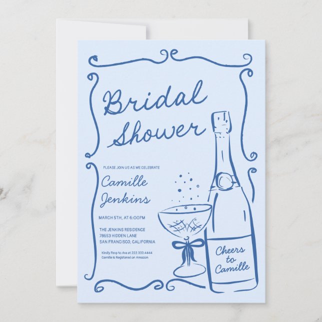 Blue Champagne Brunch Bridal Shower Invite (Front)