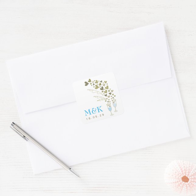 Blue Champagne Cheers Floating Gold Hearts Wedding Square Sticker (Envelope)