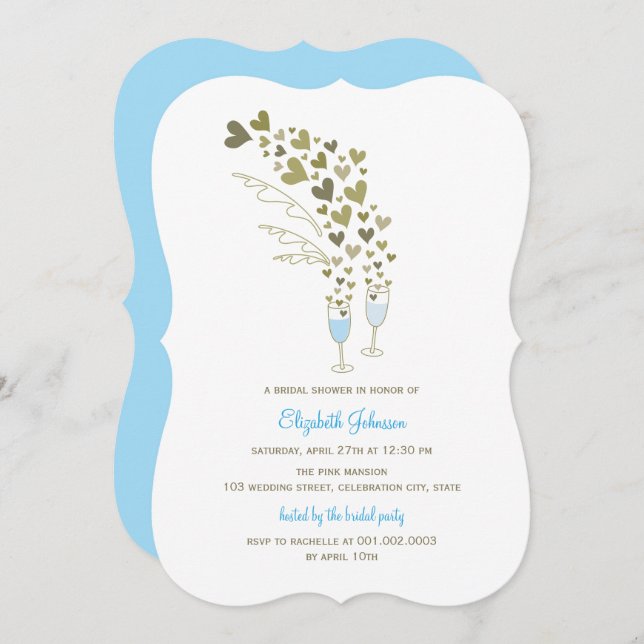 Blue Champagne Cheers & Gold Hearts Bridal Shower Invitation (Front/Back)