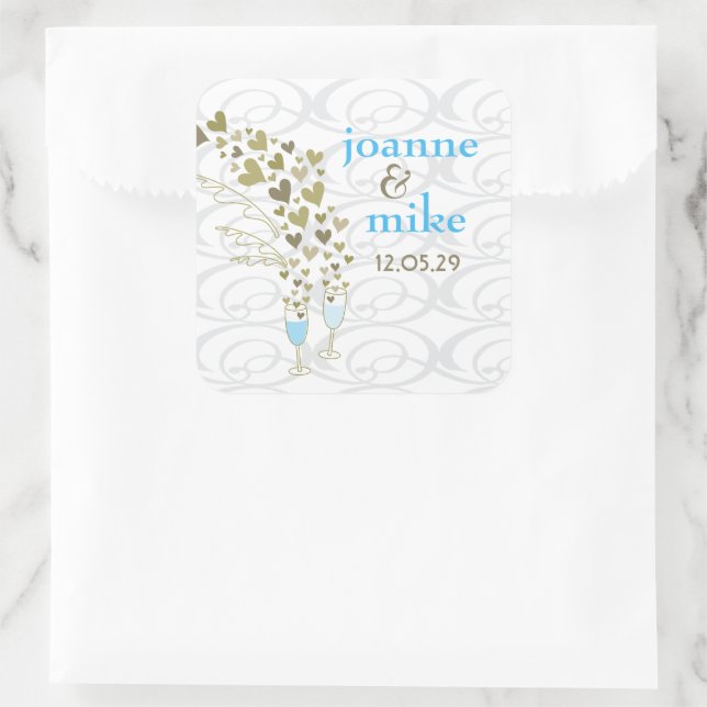 Blue Champagne Cheers & Gold Hearts Chic Wedding Square Sticker (Bag)