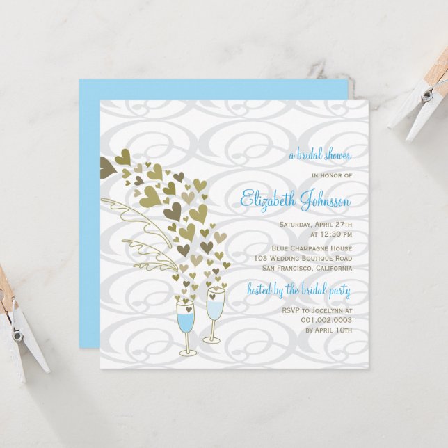 Blue Champagne Cheers Golden Hearts Bridal Shower Invitation (Front/Back In Situ)