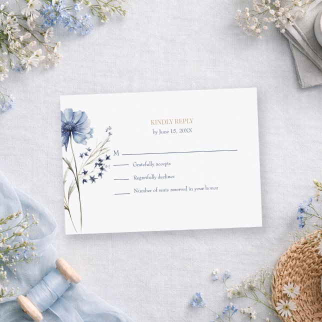 Blue Champagne Hydrangea Botanical Wedding RSVP  Card (Blue Wildflower Garden RSVP with Botanical Back on a romantic table with dusty blue tiny wildflowers)