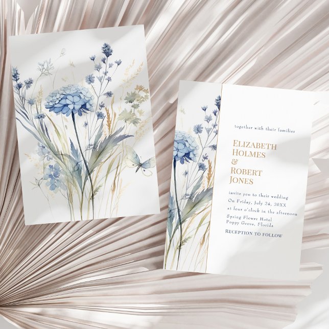 Blue Champagne Hydrangea Garden Wedding Invitation (Boho Chic French Blue Wildflowers Wedding Invitation  on a sunny neutral dry palm leaf.)