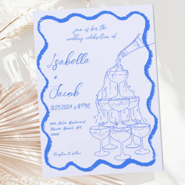 Blue Champagne Tower Wavy Hand Drawn Wedding Invitation (Creator Uploaded)