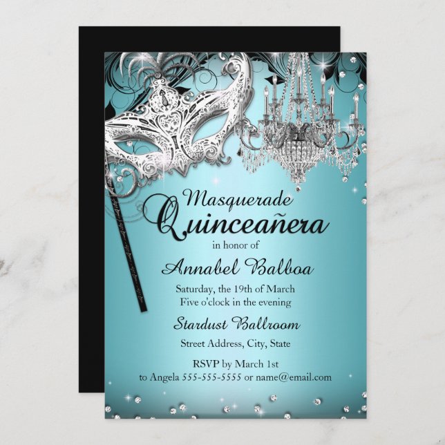 Blue Chandelier Masquerade Quinceanera Invite (Front/Back)