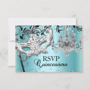 Blue Chandelier Masquerade Quinceanera RSVP Card