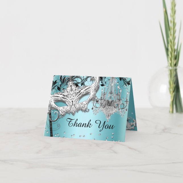 Blue Chandelier Masquerade Thank You Card (Front)