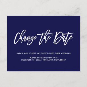 Blue   Change date Postponed Cancelled wedding Announcement Postcard
