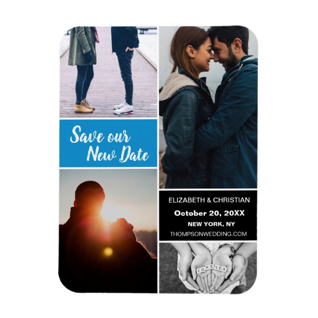 Blue Change date Save our New Date Wedding Photo Magnet (Vertical)