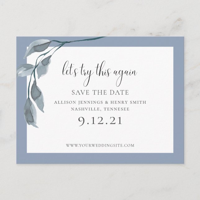 Blue Change the Date Wedding Save the Date Announcement Postcard (Front)