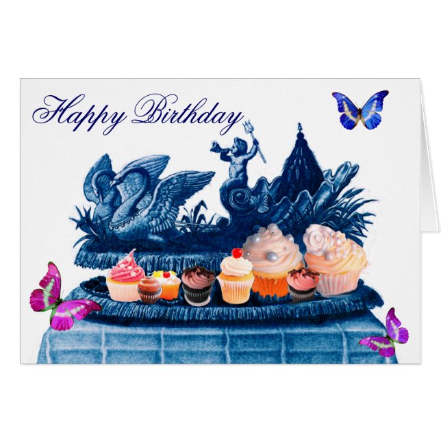 BLUE CHARIOT OF SWANS AND CUPCAKES HAPPY BIRTHDAY (Front Horizontal)