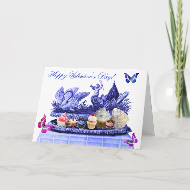 BLUE CHARIOT OF SWANS AND CUPCAKES VALENTINE'S DAY HOLIDAY CARD (Front)