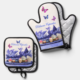 BLUE CHARIOT OF SWANS ,BUTTERFLIES AND CUPCAKES  OVEN MITT & POT HOLDER SET