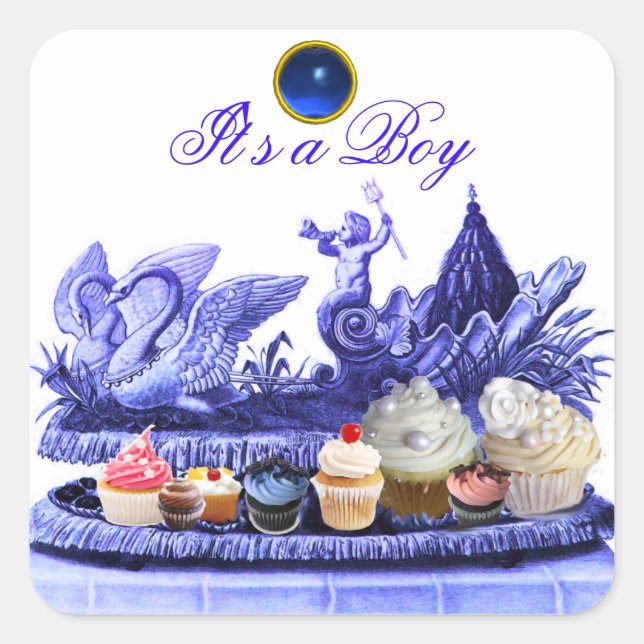 BLUE CHARIOT OF SWANS /CUPCAKES BOY BABY SHOWER SQUARE STICKER (Front)