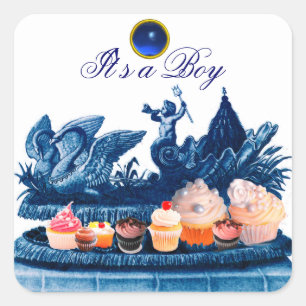 BLUE CHARIOT OF SWANS /CUPCAKES BOY BABY SHOWER SQUARE STICKER