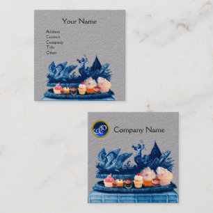 BLUE CHARIOT OF SWANS,CUPCAKES,PASTRY Grey Paper Square Business Card