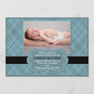 Blue Check Baby Boy Birth Announcement