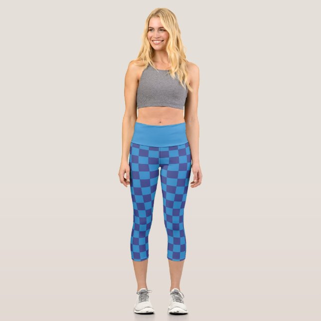 Blue Check Chequered Board Pattern Capri Leggings (Front)