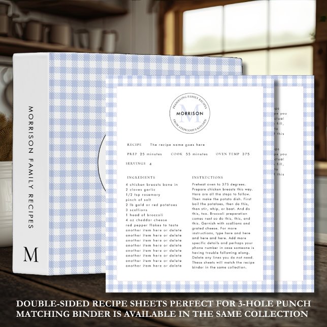 Blue Check Gingham Monogram Family Recipe Sheet (Preserving Family Recipes Blue Check Double-Sided Recipe Sheet Template. Example text will guide you)