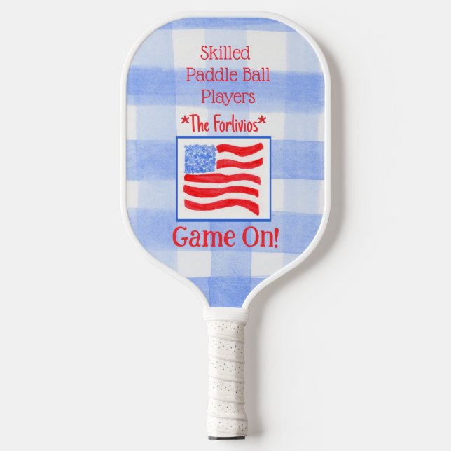 Blue Check Gingham USA Flag GAME ON Pickleball Paddle (Front)