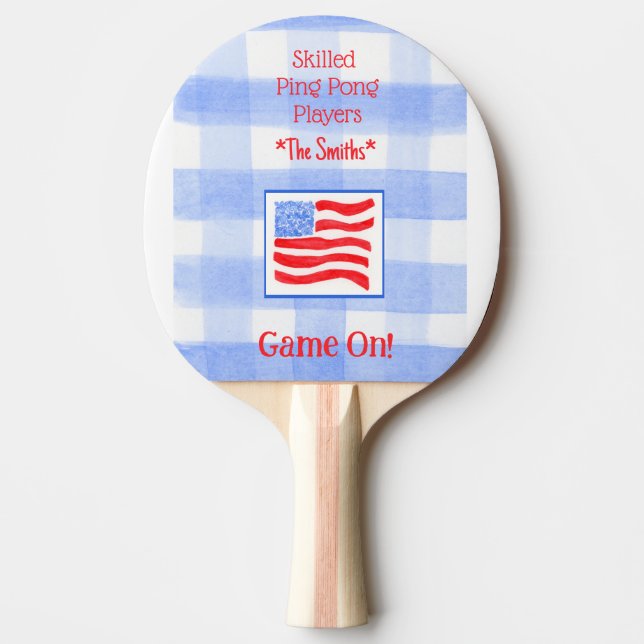 Blue Check Gingham USA Flag Ping Pong Paddle (Front)