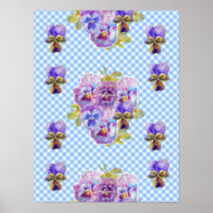 Blue Check Pansy flower flowers Shabby Chic Poster