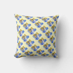 blue check picnic cloth with three old teddies cushion