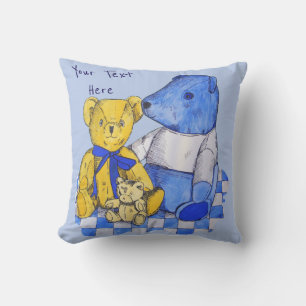 blue check picnic cloth with three old teddies cushion