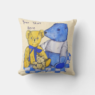 blue check picnic cloth with three old teddies cushion