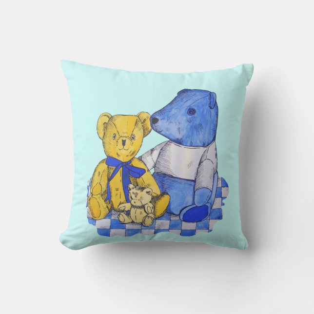 blue check picnic cloth with three old teddies cushion (Front)