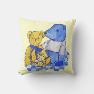blue check picnic cloth with three old teddies cushion