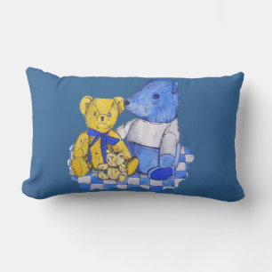 blue check picnic cloth with three old teddies lumbar cushion