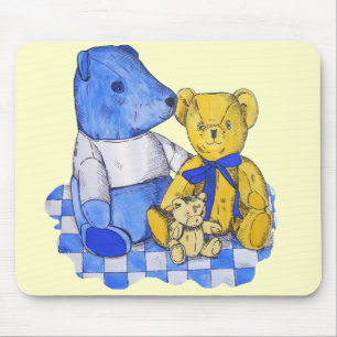 blue check picnic cloth with three old teddies mouse pad