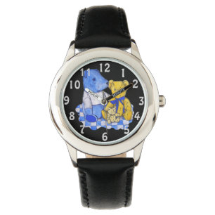 blue check picnic cloth with three teddies watch