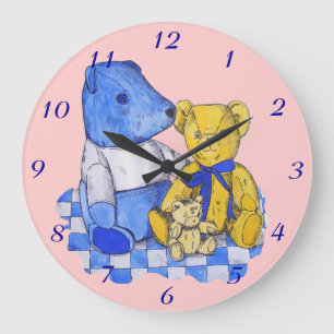 blue check picnic cloth with three teddy bears large clock