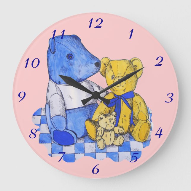 blue check picnic cloth with three teddy bears large clock (Front)