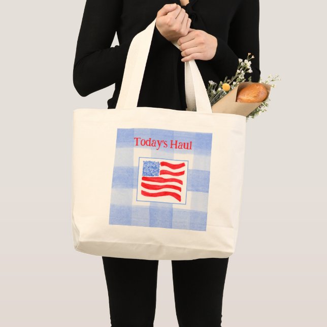 Blue Check Watercolor USA Flag  Large Tote Bag (Front (Product))