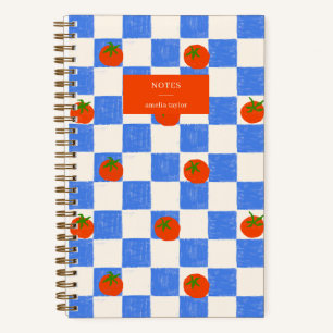 Blue Checker Tomato Pattern Personalized Name Notebook