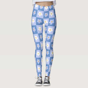 Blue Checkerboard Daisy Retro Leggings