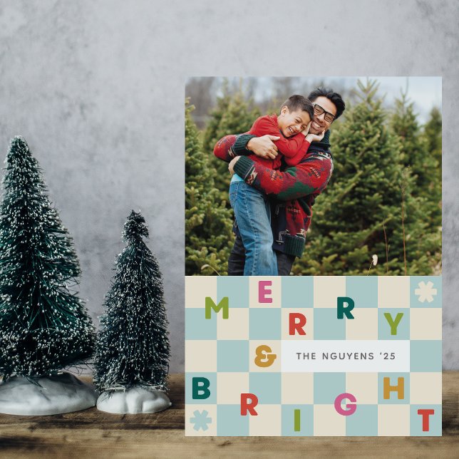 Blue Checkerboard Merry & Bright Christmas Card (Creator Uploaded)