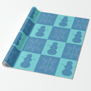 Blue Checkerboard Snowflake and Snowman  Wrapping Paper