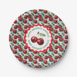 Blue Checkered Cherry Pattern Personalized Birthda Paper Plate