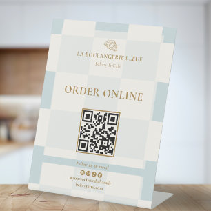 Blue Checkered Croissant QR Bakery Display Pedestal Sign