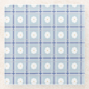 Blue Checkered Daisy pattern Glass Coaster