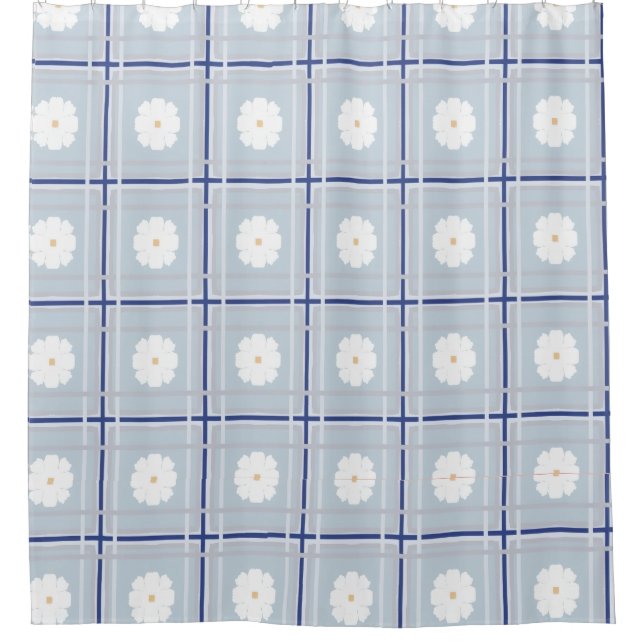 Blue Checkered Daisy pattern Shower Curtain (Front)